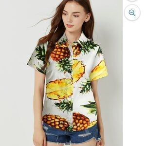 SSLR women's Hawaiian shirt Pineapple button down shirt large